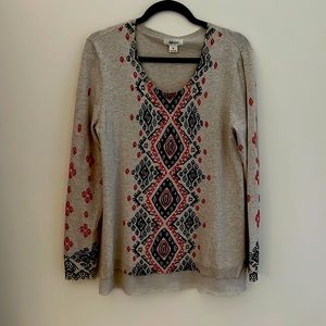 Style & Co Long Sleeve Light Tan Top with Black, Green and Orange Design